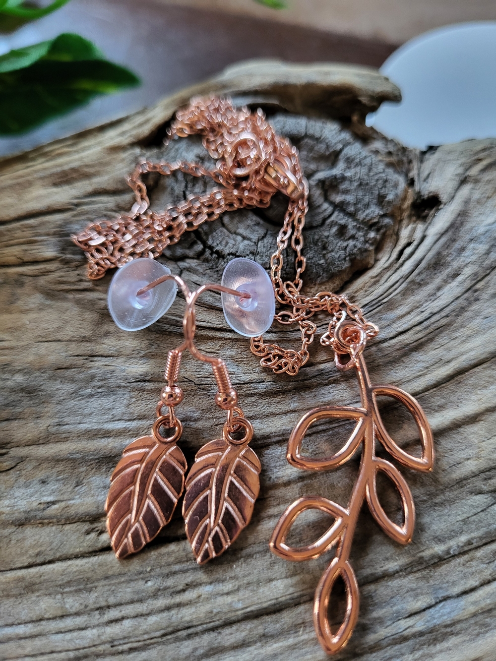 Rose Gold Leaf Pendant Necklace and Earring Set